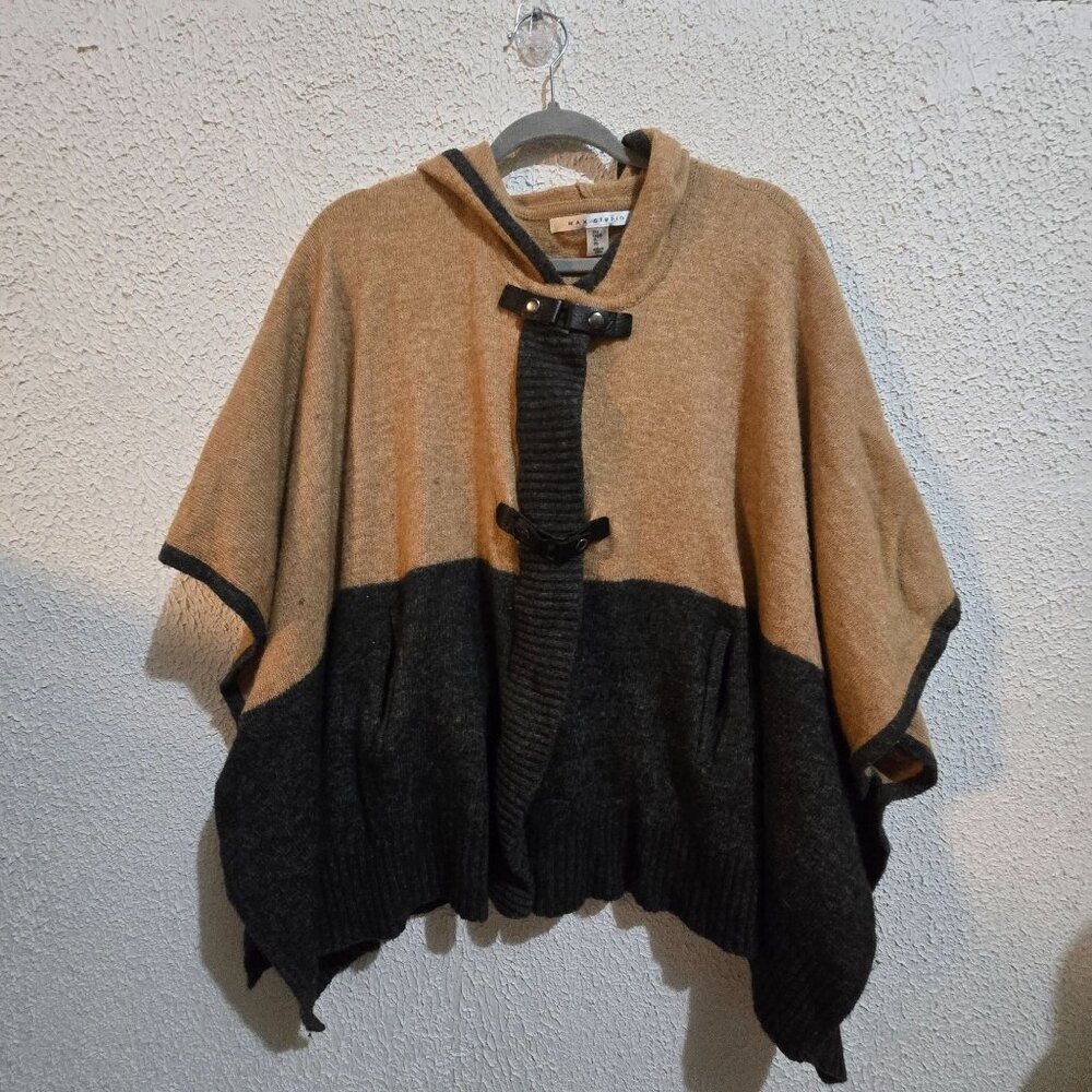 Max Studio Womens Wool/Cashmere Hooded Poncho With Toggle Closure Tan & Dark Gra